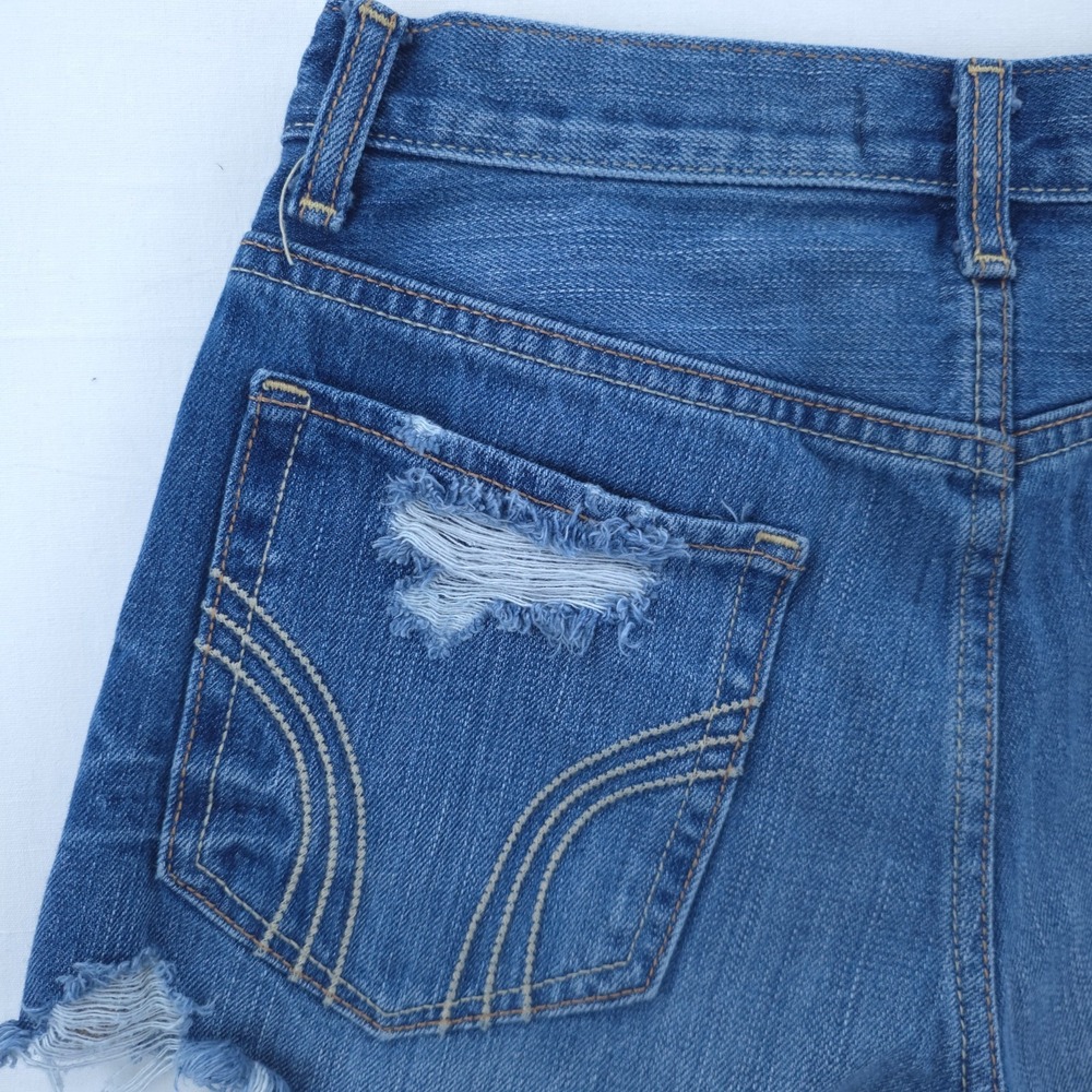 Hollister Women Denim Shorts Size 0 W24 Blue High Rise Distressed Frayed Hem - Picture 10 of 14